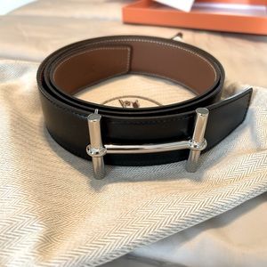 Hermes Men’s Belt - D’Ancre Buckle with Black / Brown Reversible Leather Belt 32